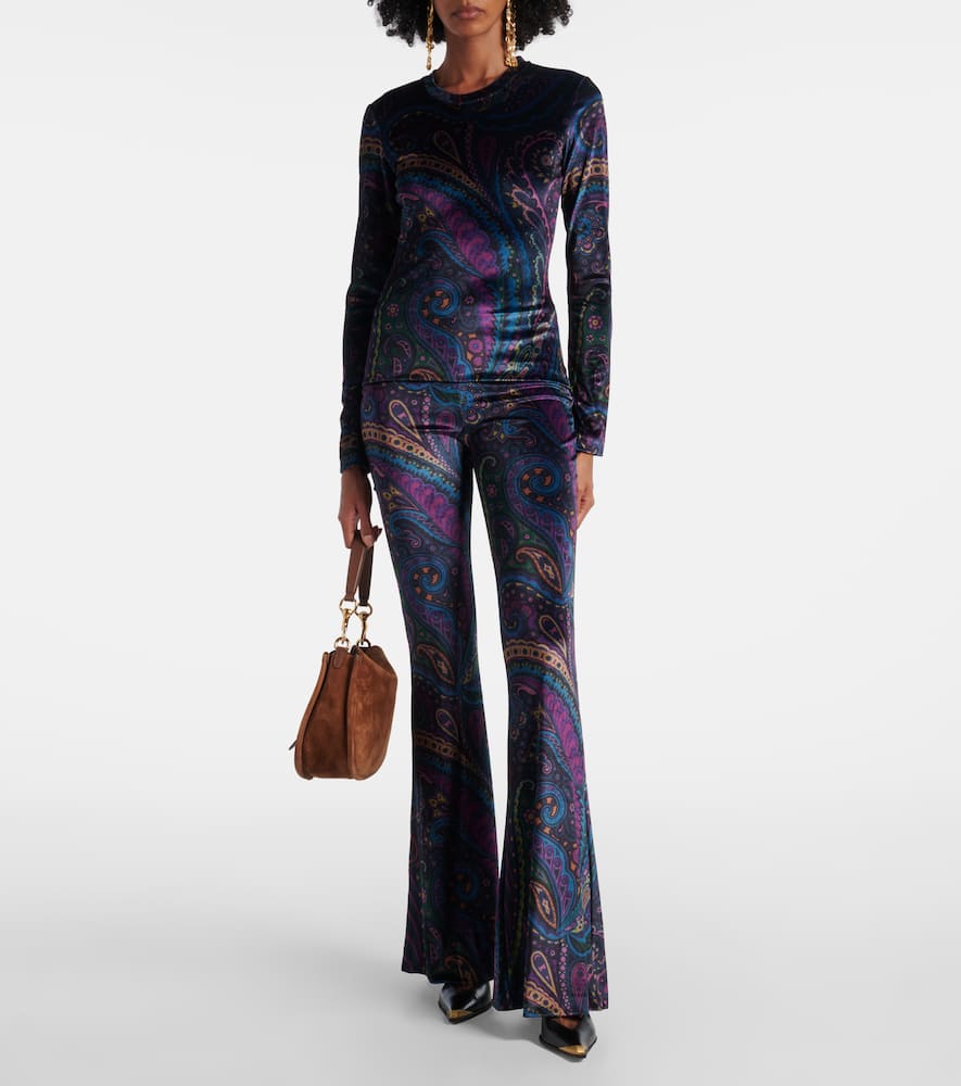 Printed high-rise velvet flared pants