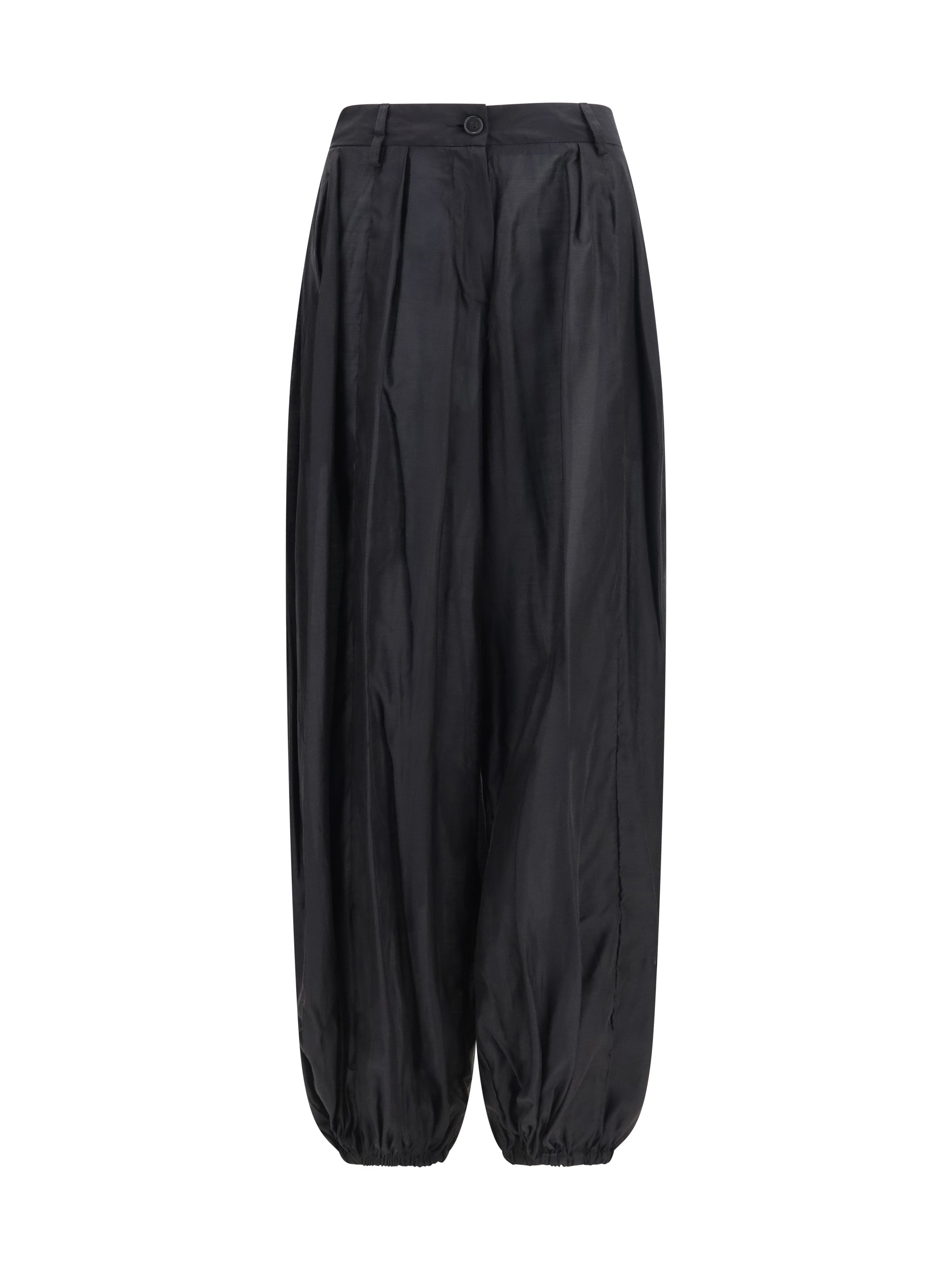 Pleated Balloon-Leg Muslin Trousers — Black