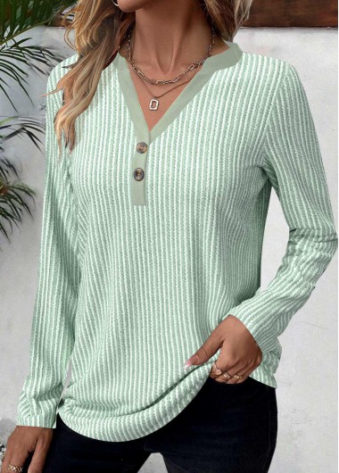 Modlily Light Green Button Striped Long Sleeve T Shirt