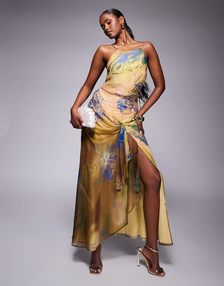 ASOS DESIGN racer strappy maxi dress with draped skirt in abstract floral print-Multi