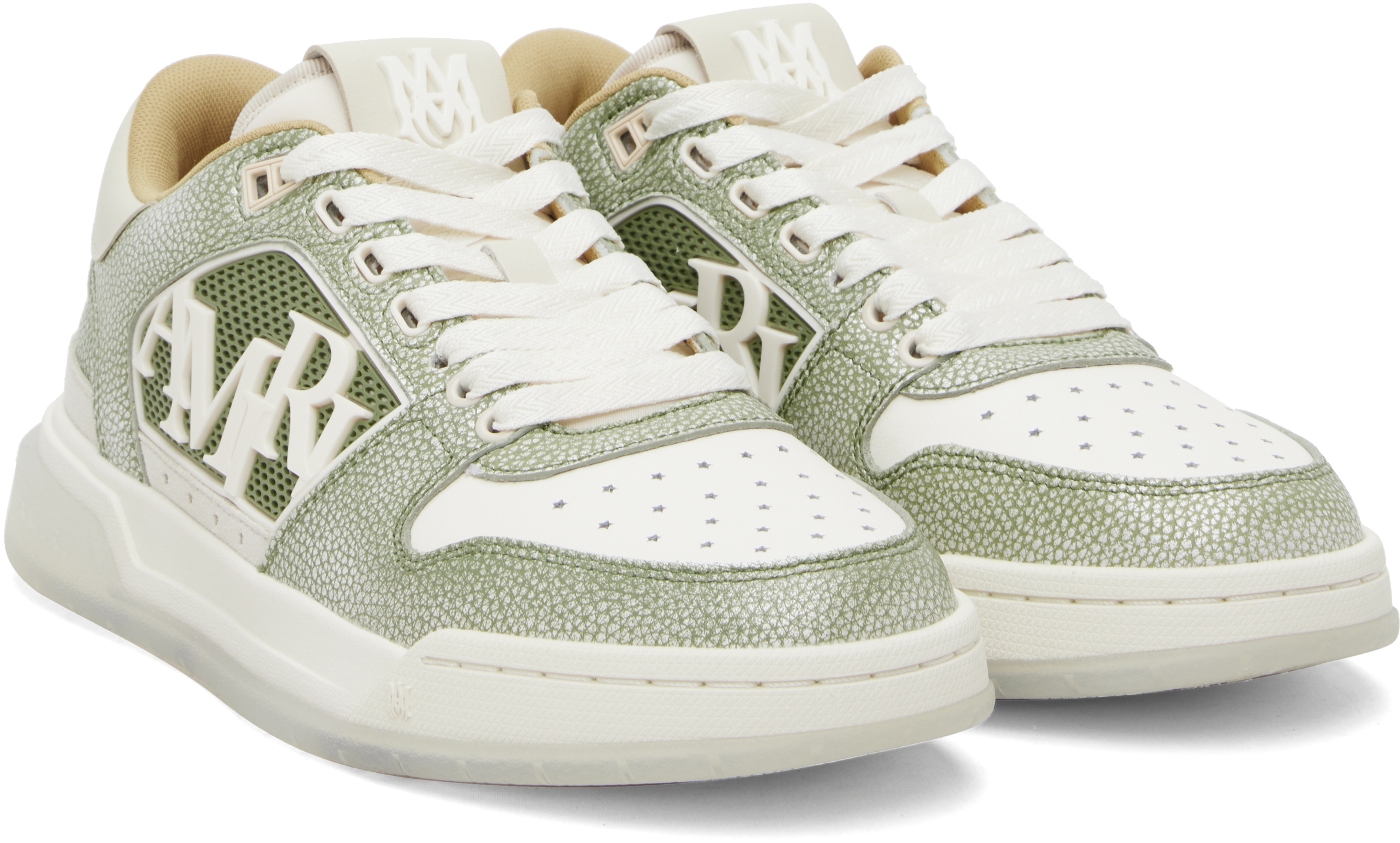 White & Green Pebbled Classic Low Sneakers