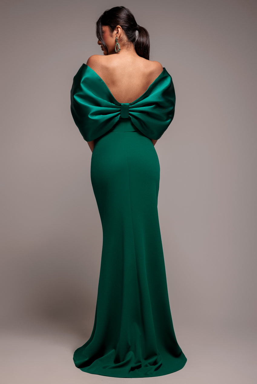 Goddiva Off Shoulder Back Satin Bow Scuba Maxi Dress - Emerald Green