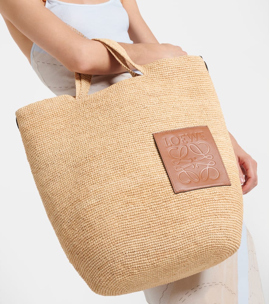 Large leather-trimmed raffia tote bag