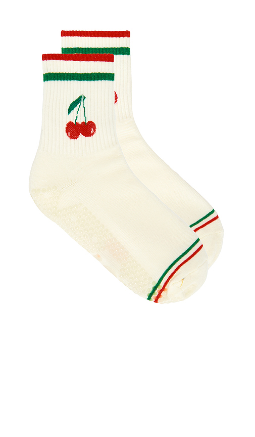 Stems Cherry Grip Striped Crew Socks in Ivory