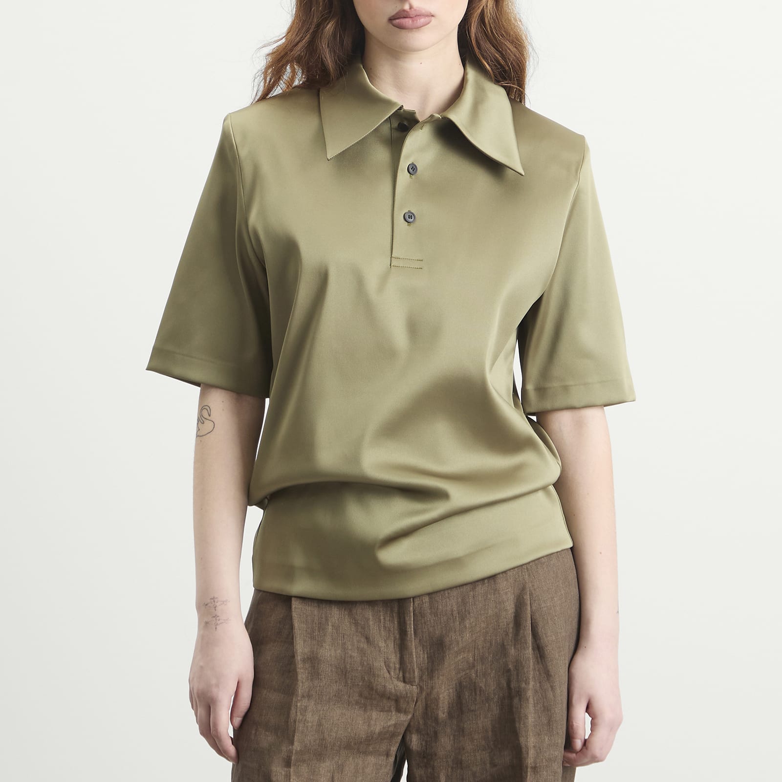 Women's TOGA Satin Stretch Polo Shirt in Khaki