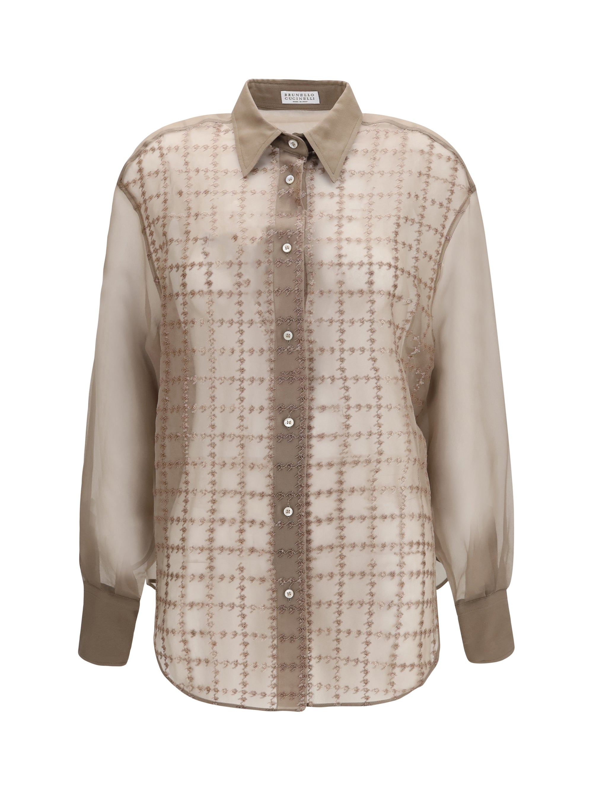 Sequin-Embellished Checked Silk Shirt — Beige