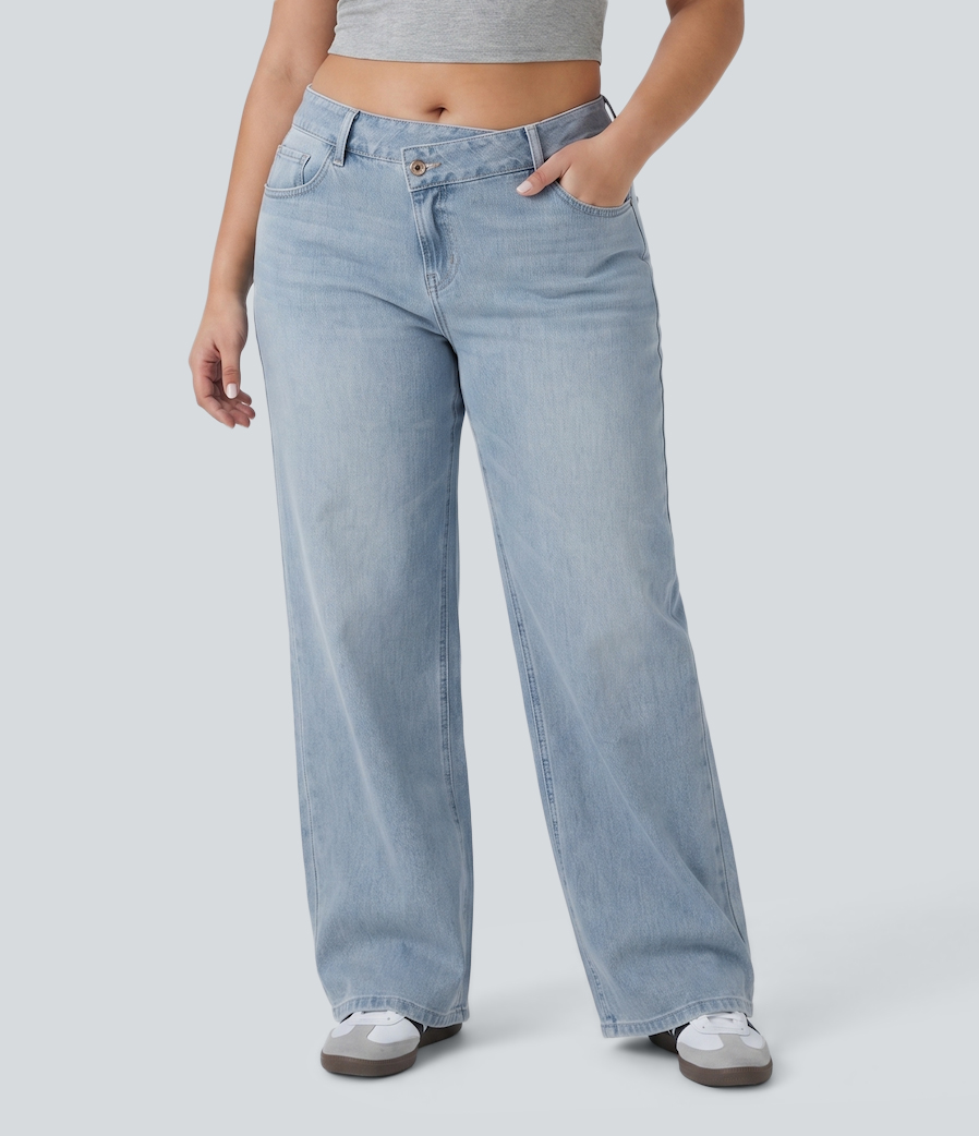 Plus Size Flex™ Asymmetric Low Rise Wide Leg Washed Casual Jeans with Pockets  - Light Azure Denim
