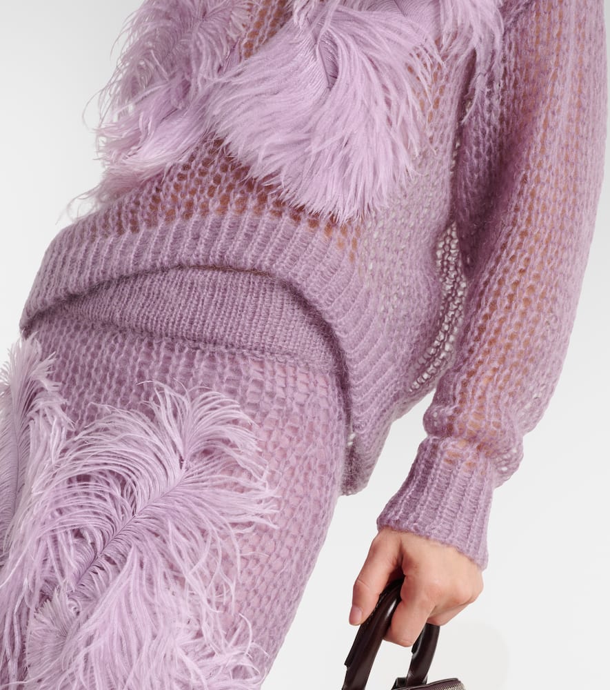 Feather-trimmed open-knit mohair-blend sweater