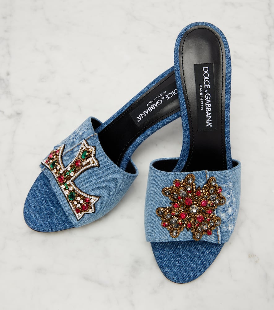 Crystal-embellished denim mules