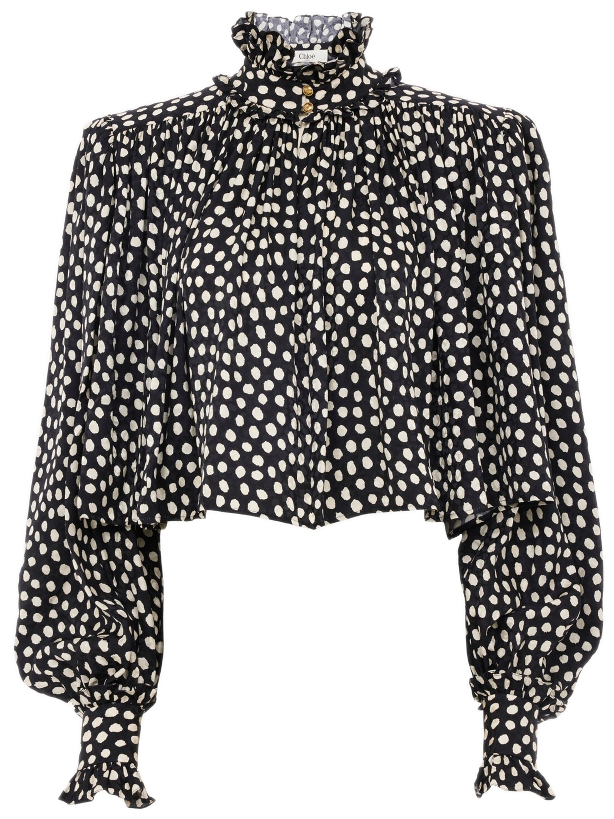 Chloé High-Neck Dotted Silk Shirt with Rounded Shoulders and Gold-Tone Buttons
