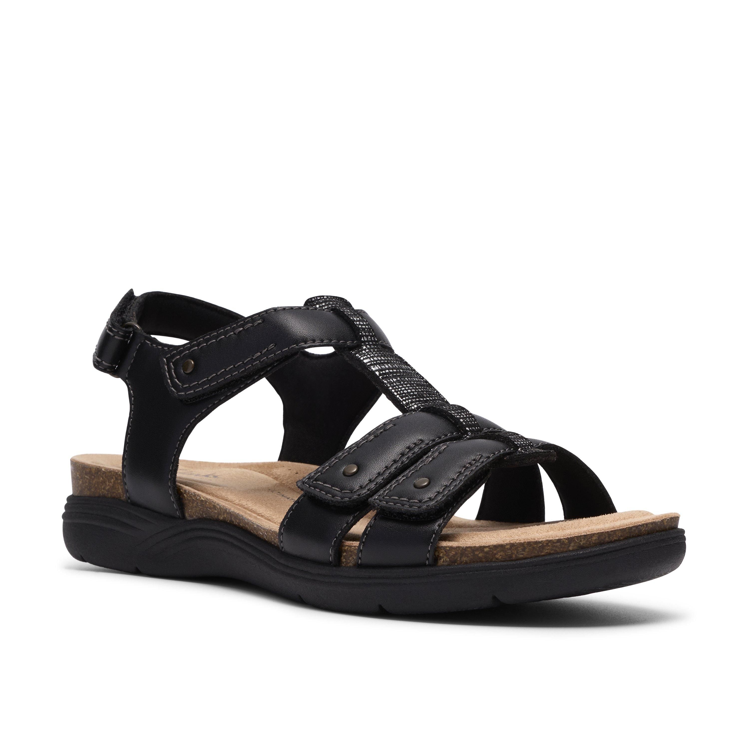 Clarks April Cove Black Leather Flat Sanda