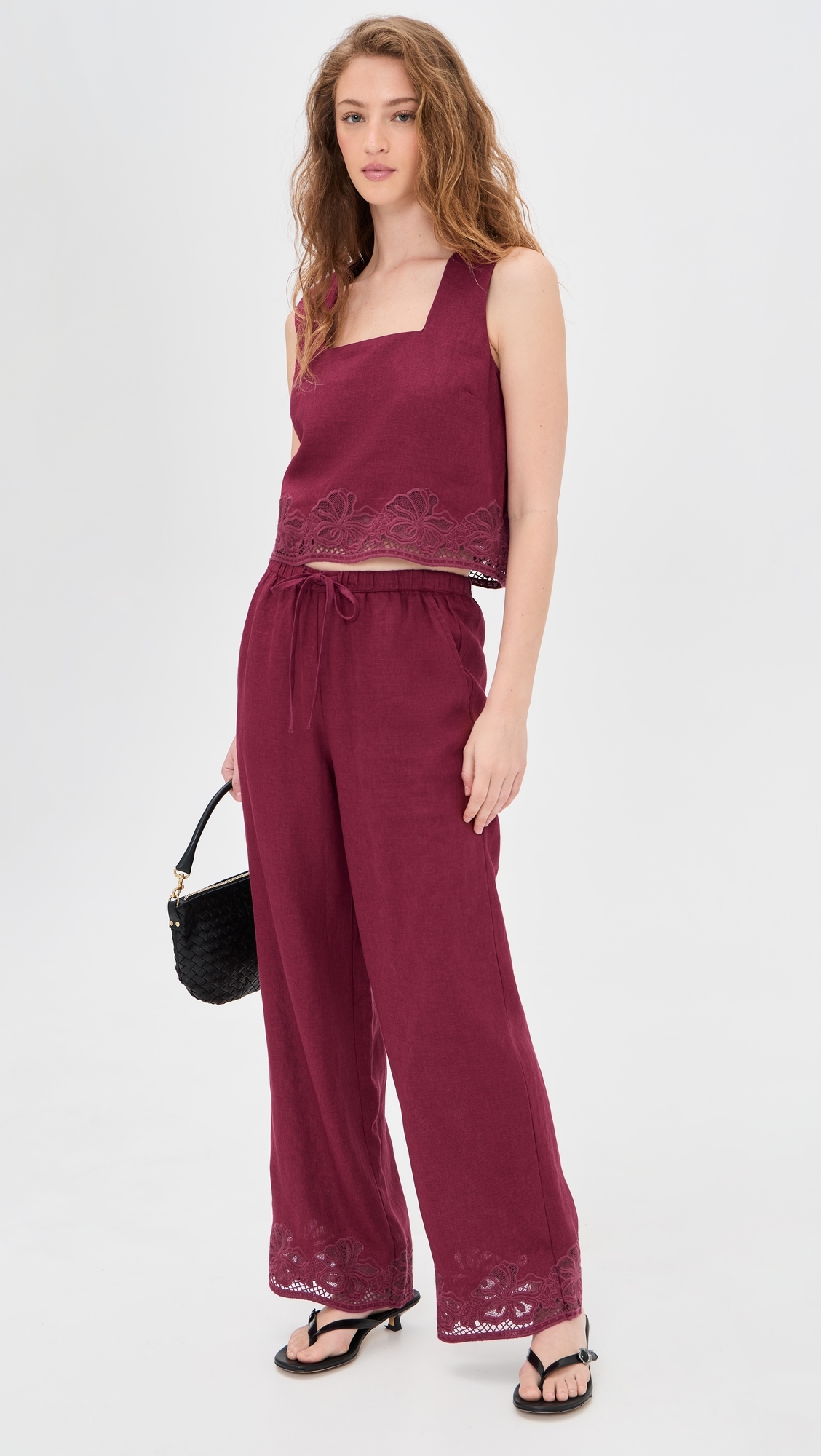 Emmie Linen Pants Berry Hibiscus Embroidery