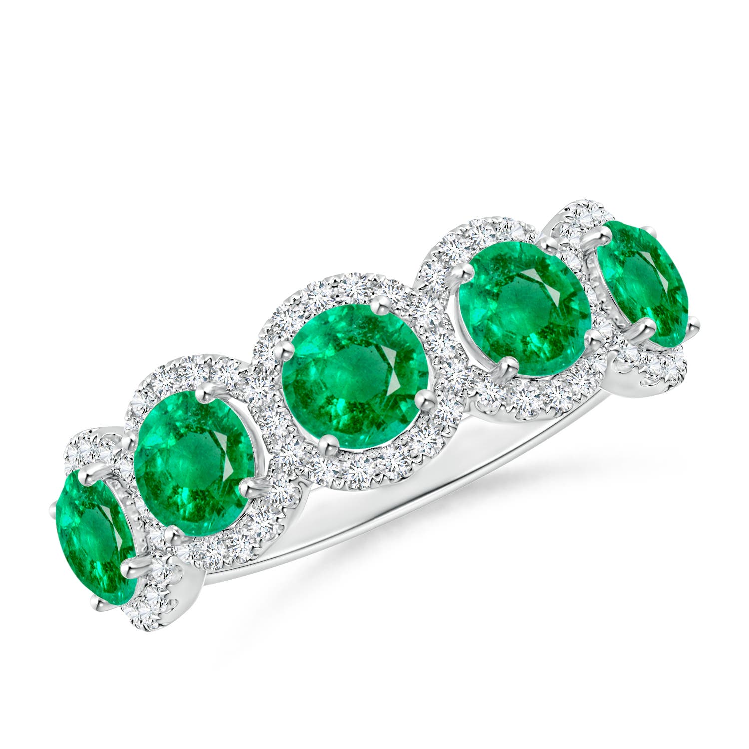 Angara 1.75 Carats Half Eternity Five-Stone Emerald Halo Ring in Platinum
