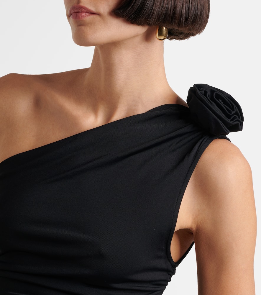 Floral-appliqué one-shoulder jersey top
