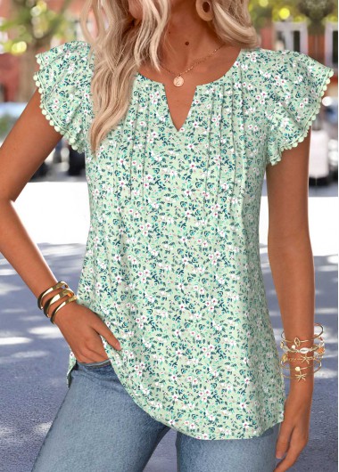 Modlily Light Green Ditsy Floral Print Tuck Stitch T Shirt