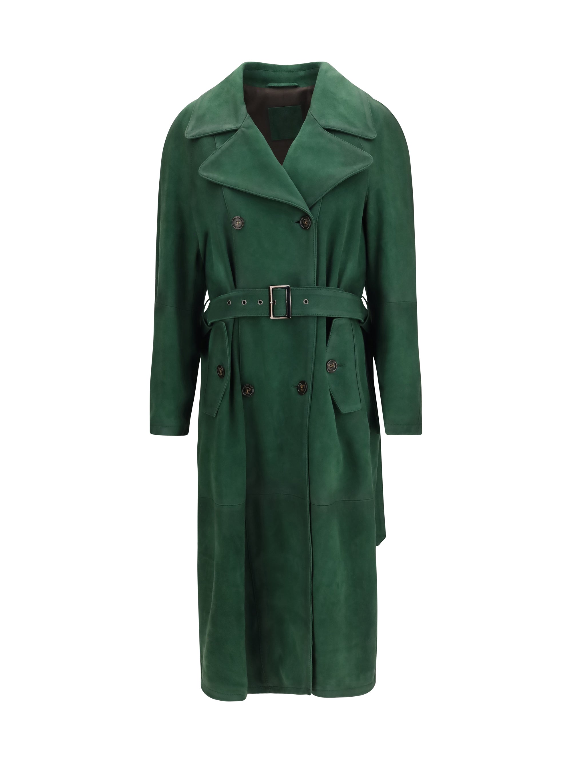 Vintage Effect Suede Double Breasted Trench Coat — Green