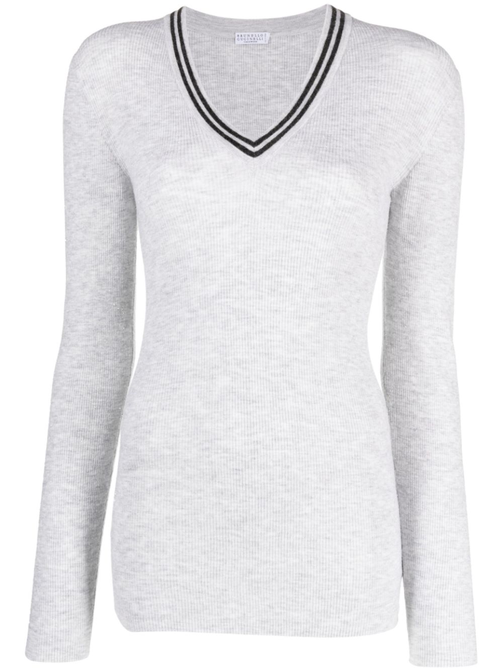 V-neck stripe-trim jumper - GREY