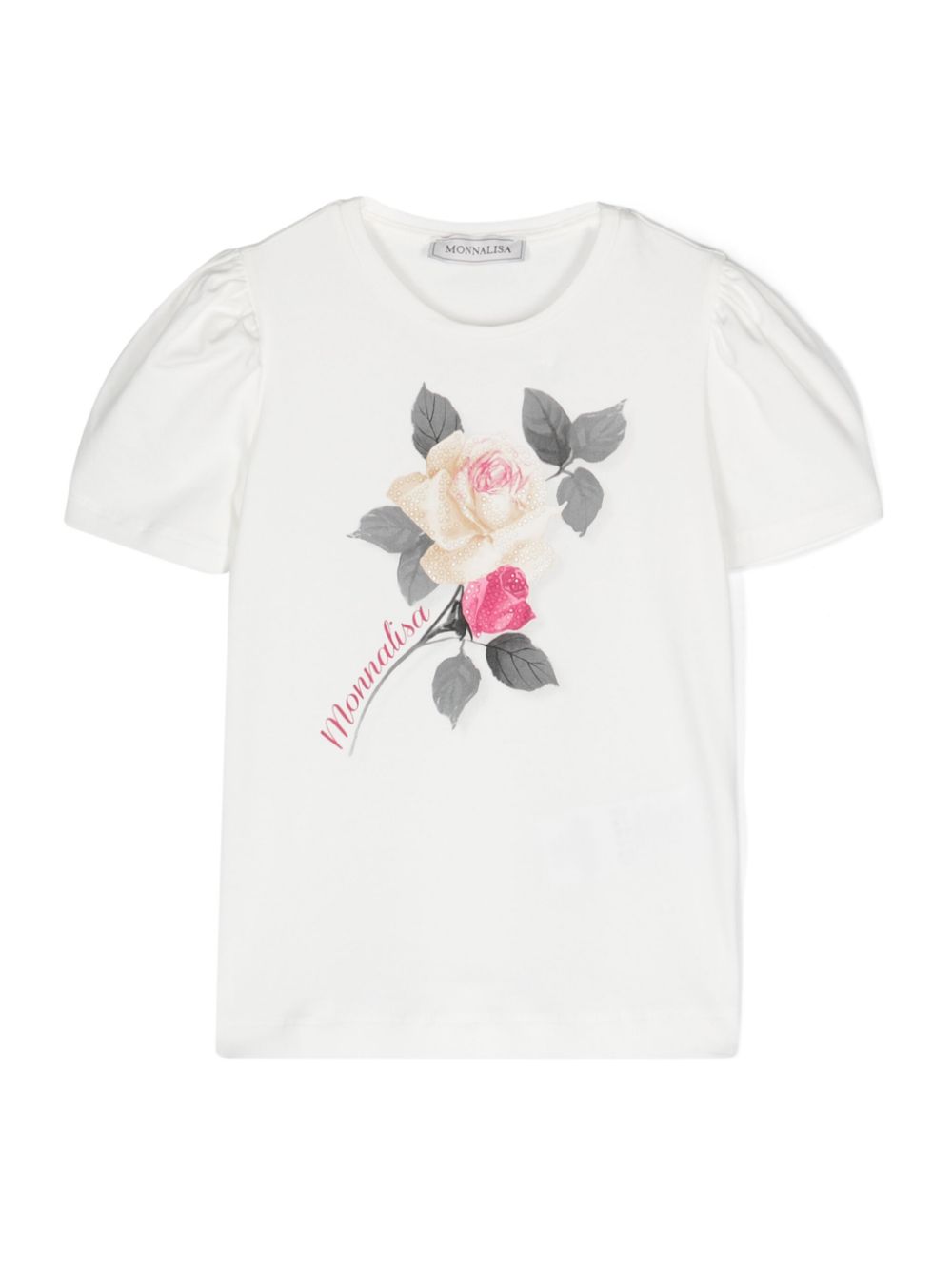Rose-print puff-sleeves T-shirt - White