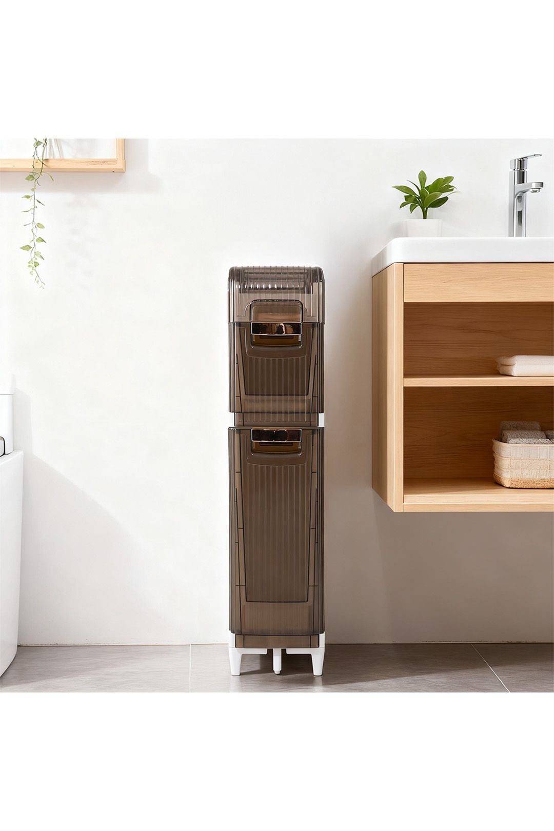 Living And Home 3-Tier Plastic Tall Narrow Storage Cabinet Bathroom Storage Cupboard With Wheels In White