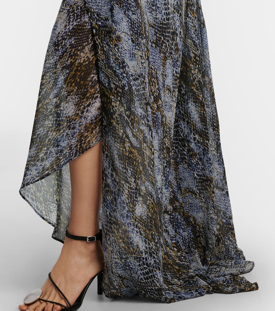 Snake-print draped silk maxi dress