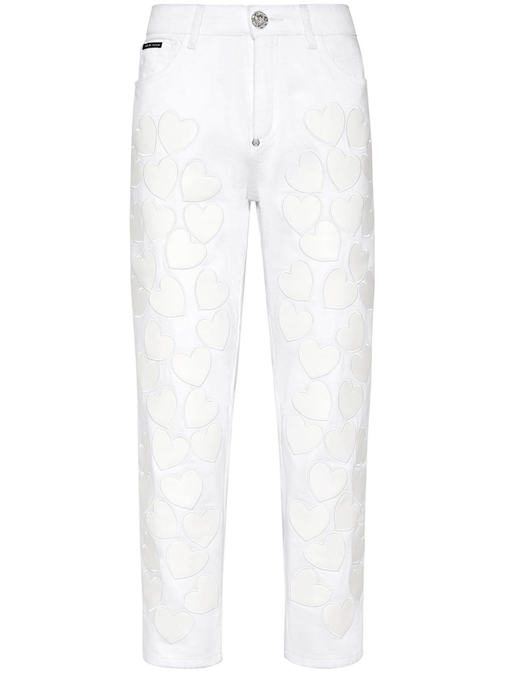 Heart-patches cropped jeans - White