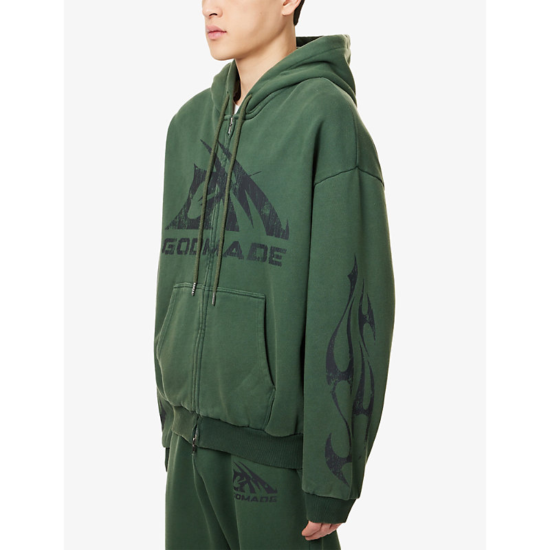 Mens Brand-Print Washed Cotton-Jersey Hoodie