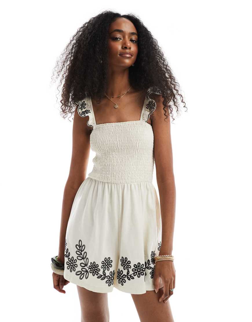Miss Selfridge embroidered frill sleeve playsuit in cream-White