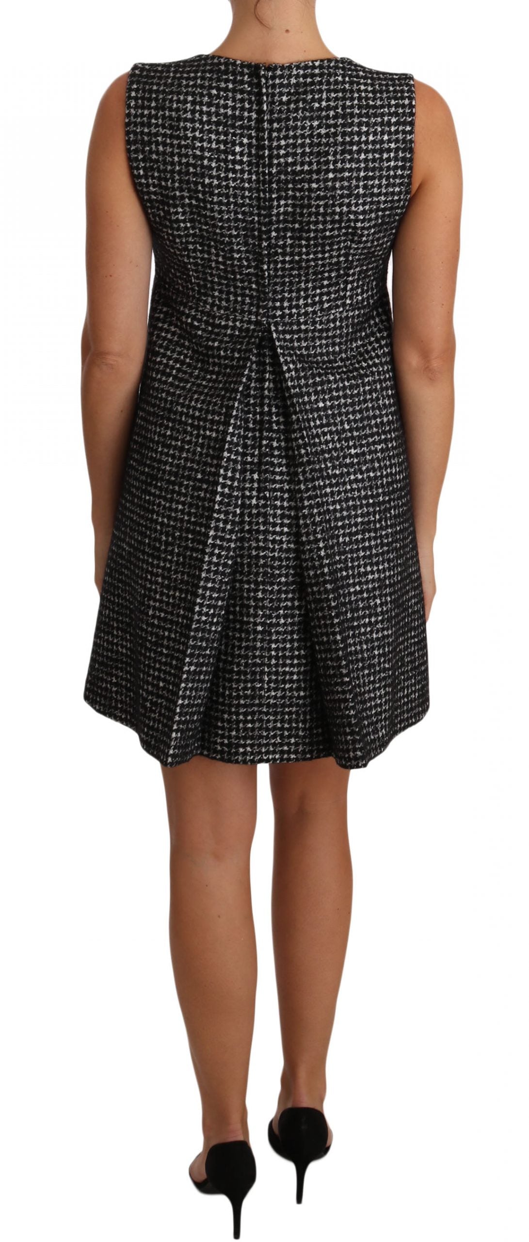 Houndstooth Floral Appliqué Shift Dress — Gray