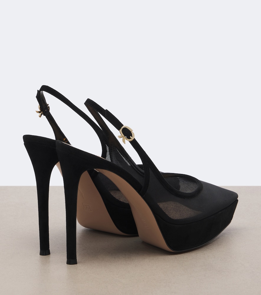 Suede-trimmed mesh platform slingback pumps