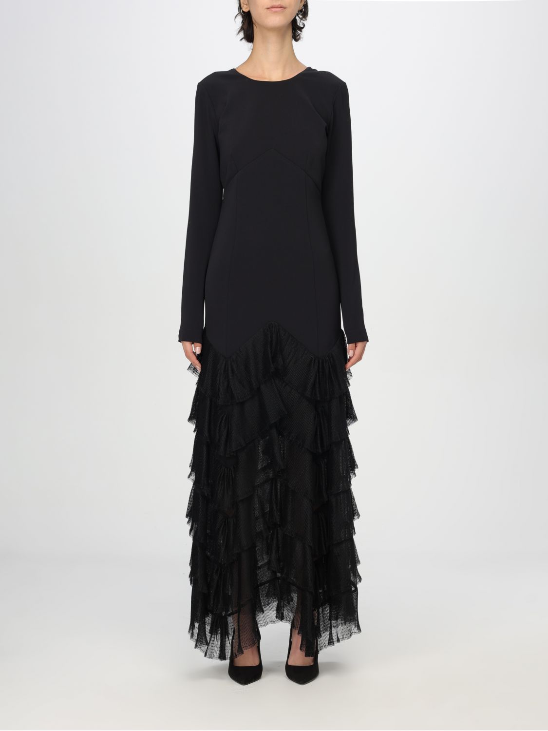 Pleated tulle flounces maxi dress - Black