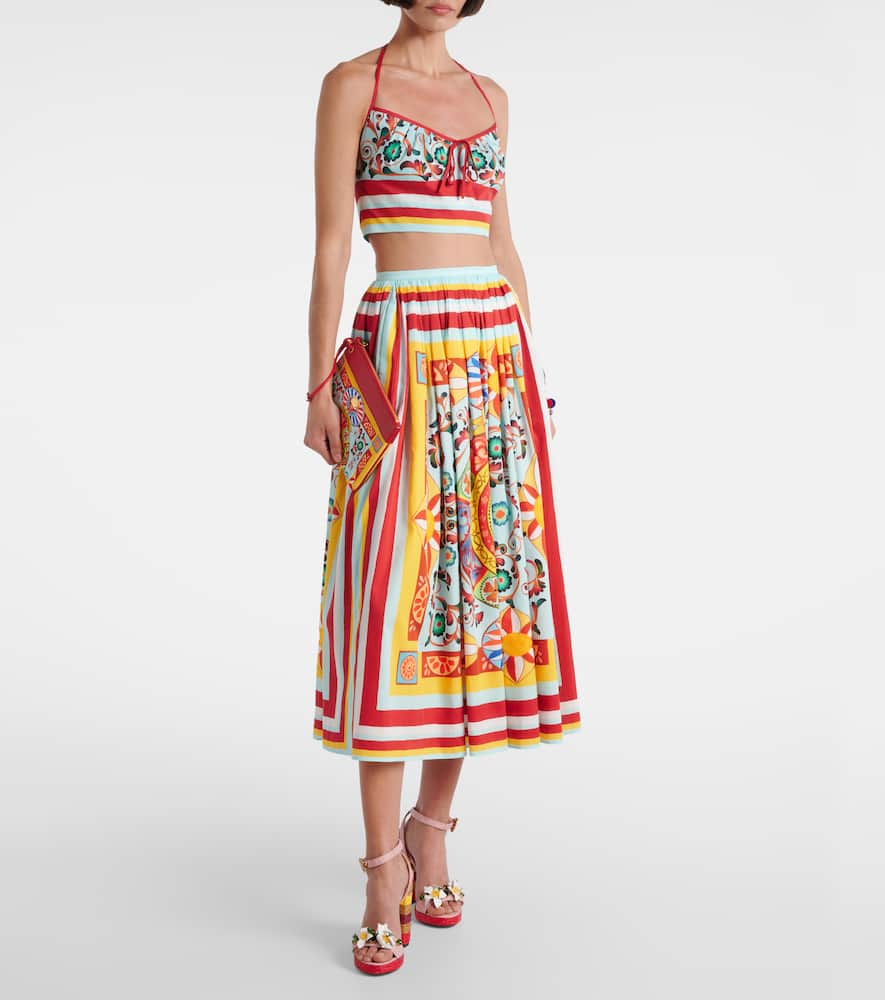 Pleated printed cotton midi skirt