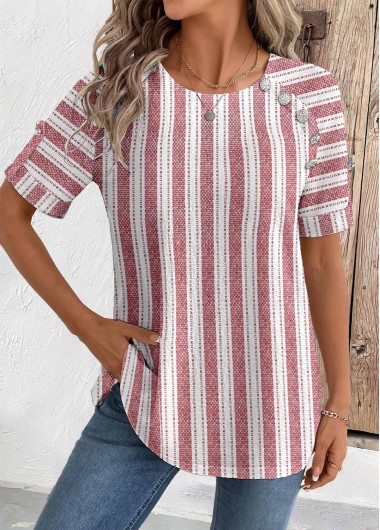 Modlily Blue Geometric Print Short Sleeve Round Neck Blouse
