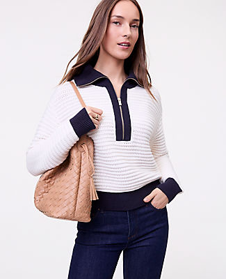 Ann Taylor Petite Weekend Striped Half-Zip Sweater