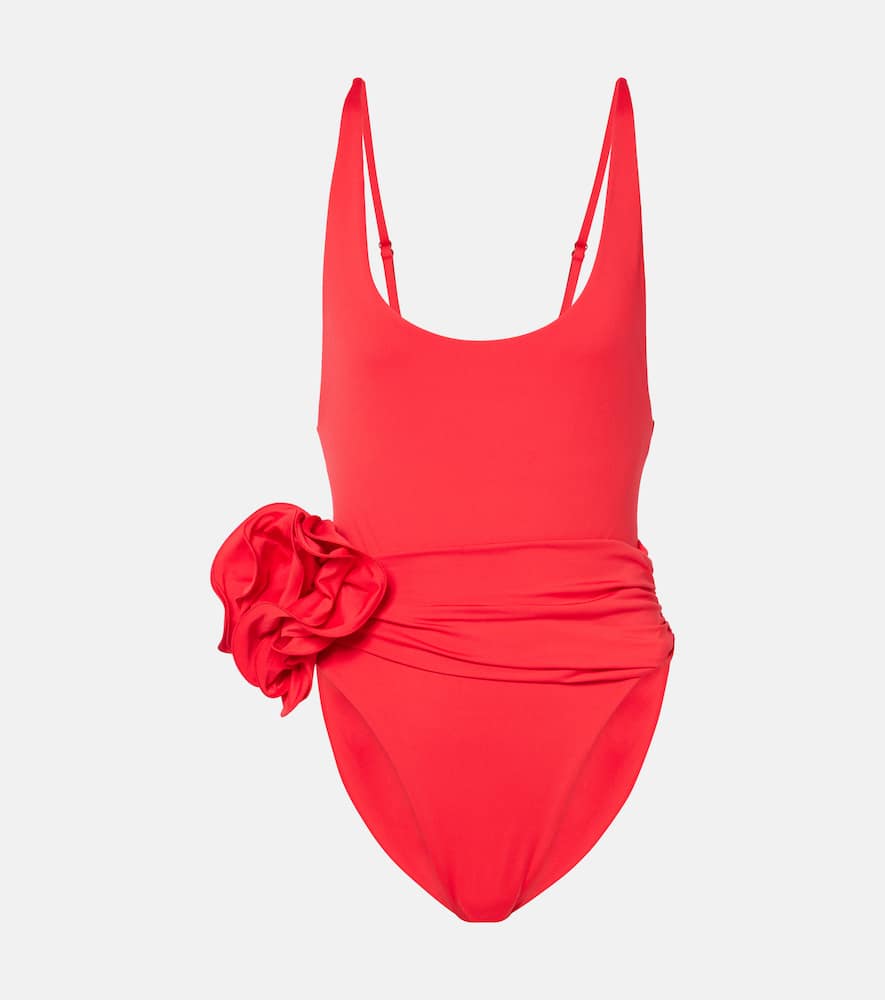 Floral-appliqué ruched swimsuit
