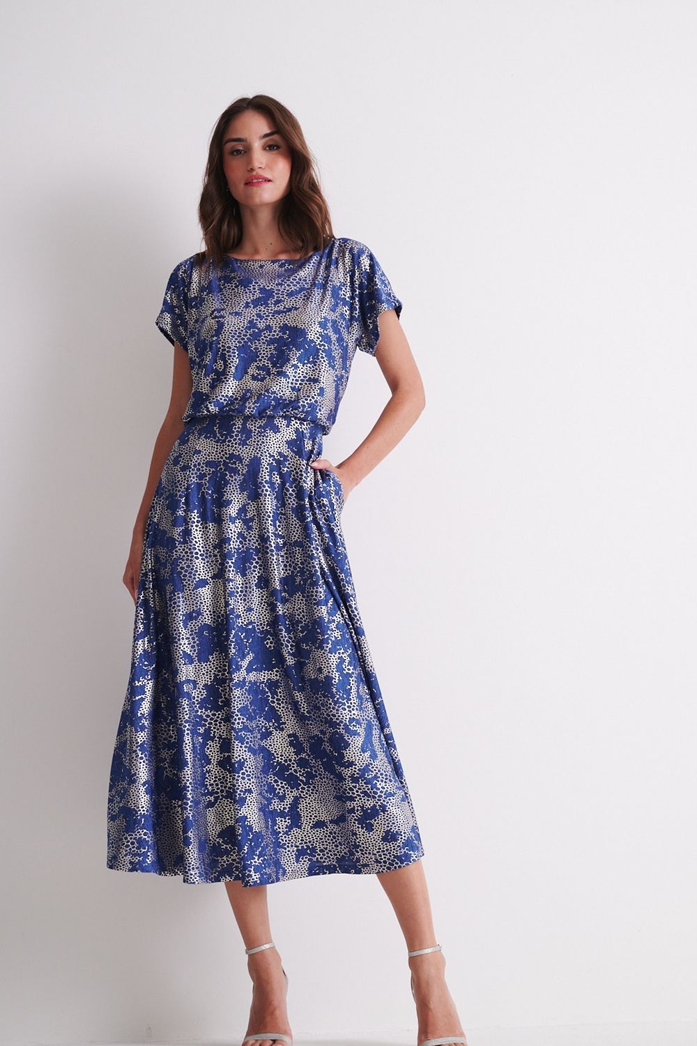 Klass. Foil Printed Midi Dress In Blue