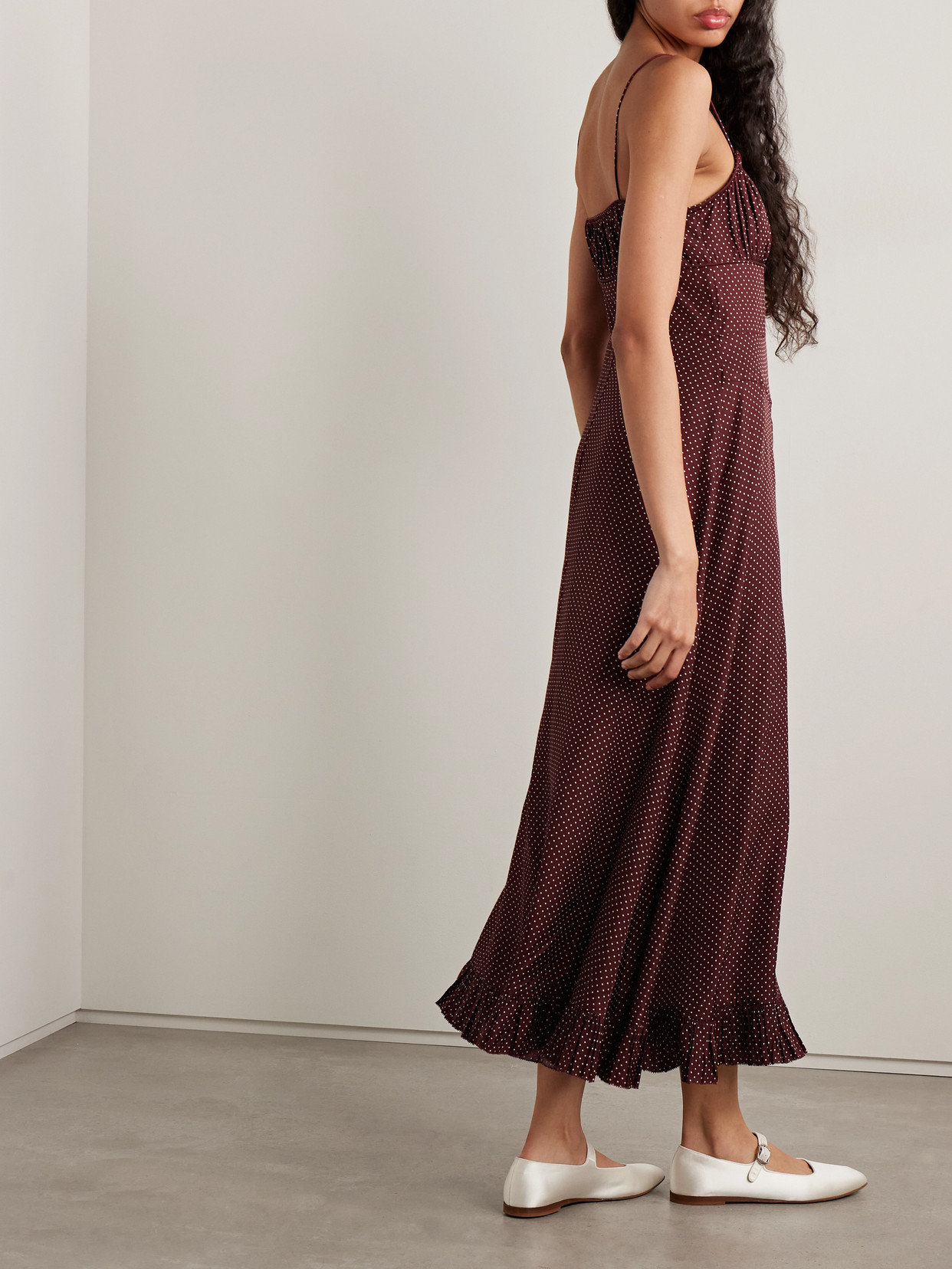 Rosaria Gathered Polka-dot Silk-blend Midi Dress - Burgundy