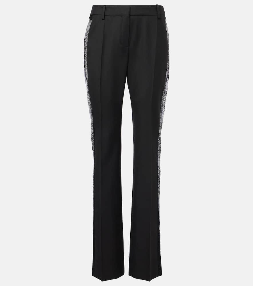 Lace-trimmed wool straight pants