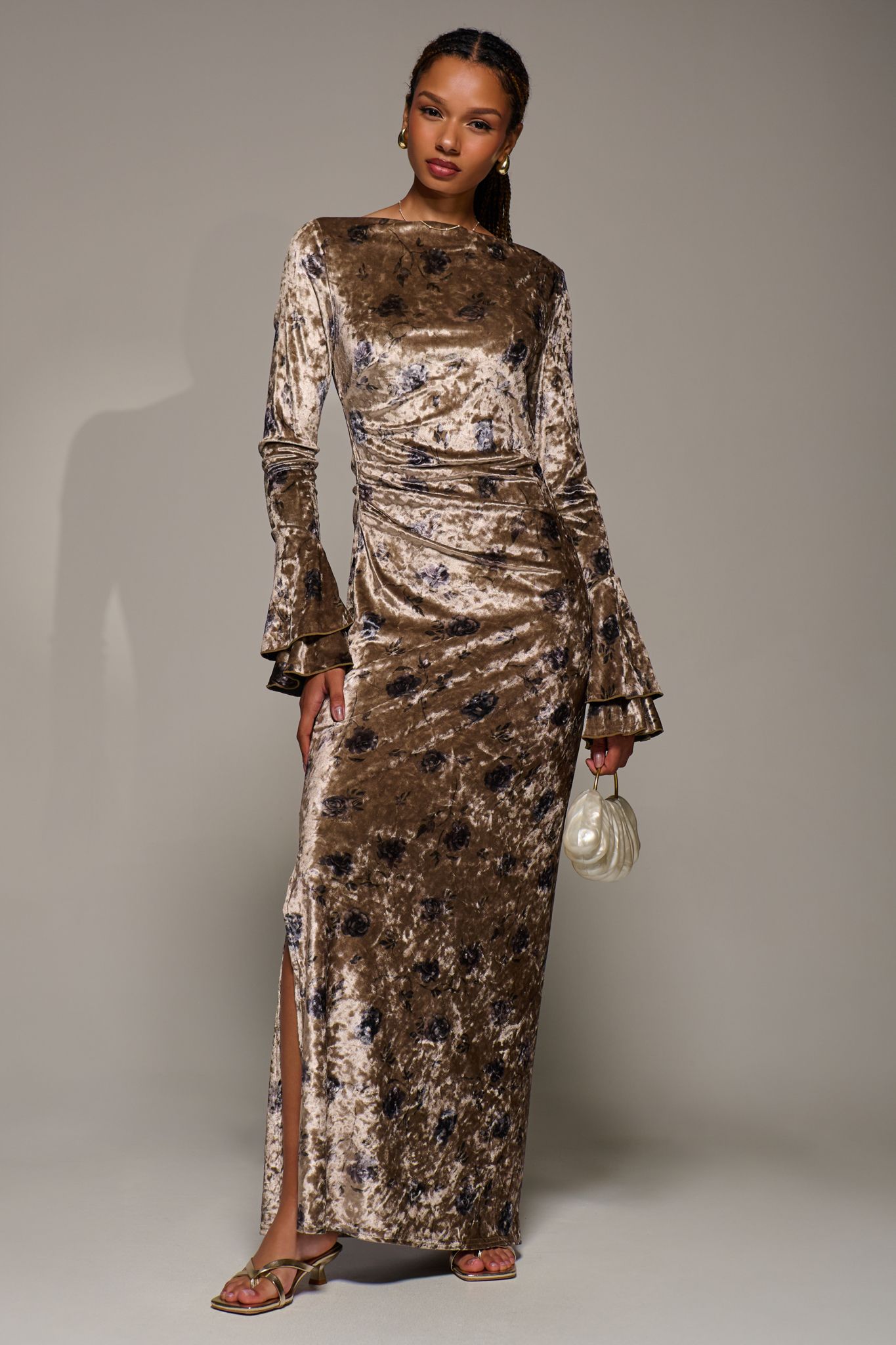 Jolie Moi Women's Ruffle Sleeve Boat Neck Velvet Maxi Dress in Gold