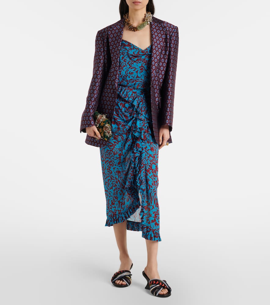 Printed draped ruffled midi skirt