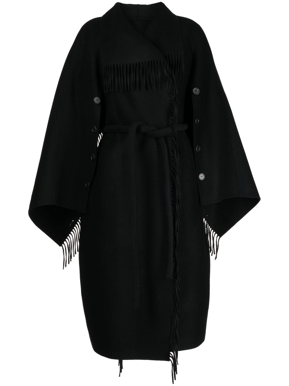 Double-breasted fringe-detail wool coat - Black