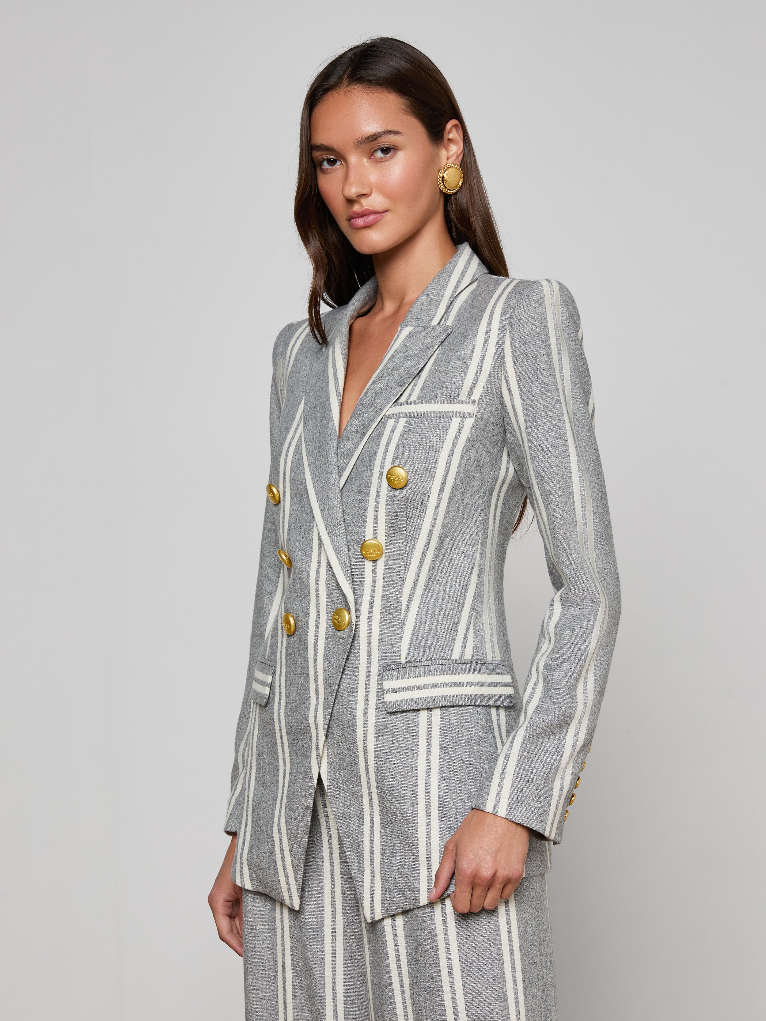 Kendi Longline Blazer In Grey/ivory Stripe