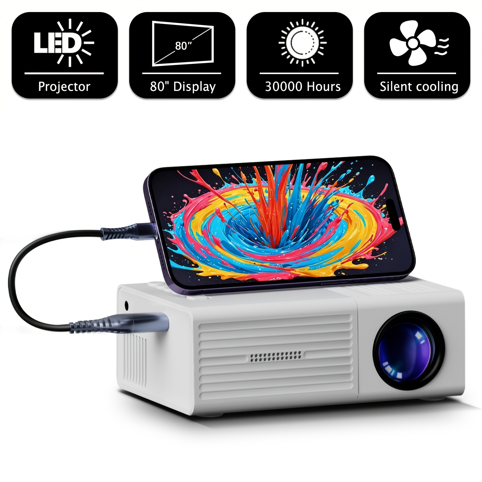 TEMU Portable Projector, Supports 1080p, Usb Connection, Remote Control, Compatible With Smartphones, Tablets, Laptops, Tv Sticks & Usb Drives, , Lcd