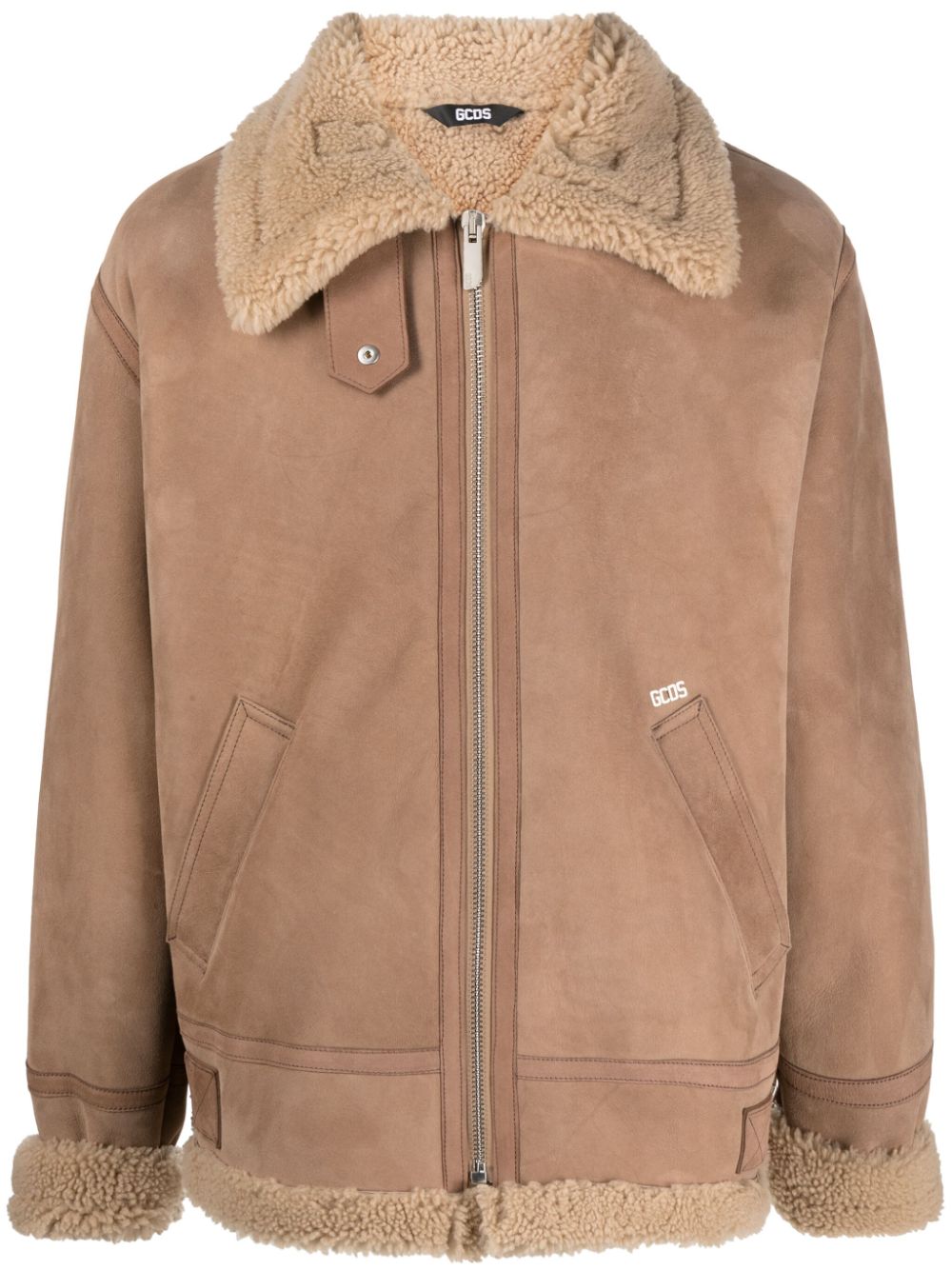 Shearling zip-up biker jacket - Neutrals