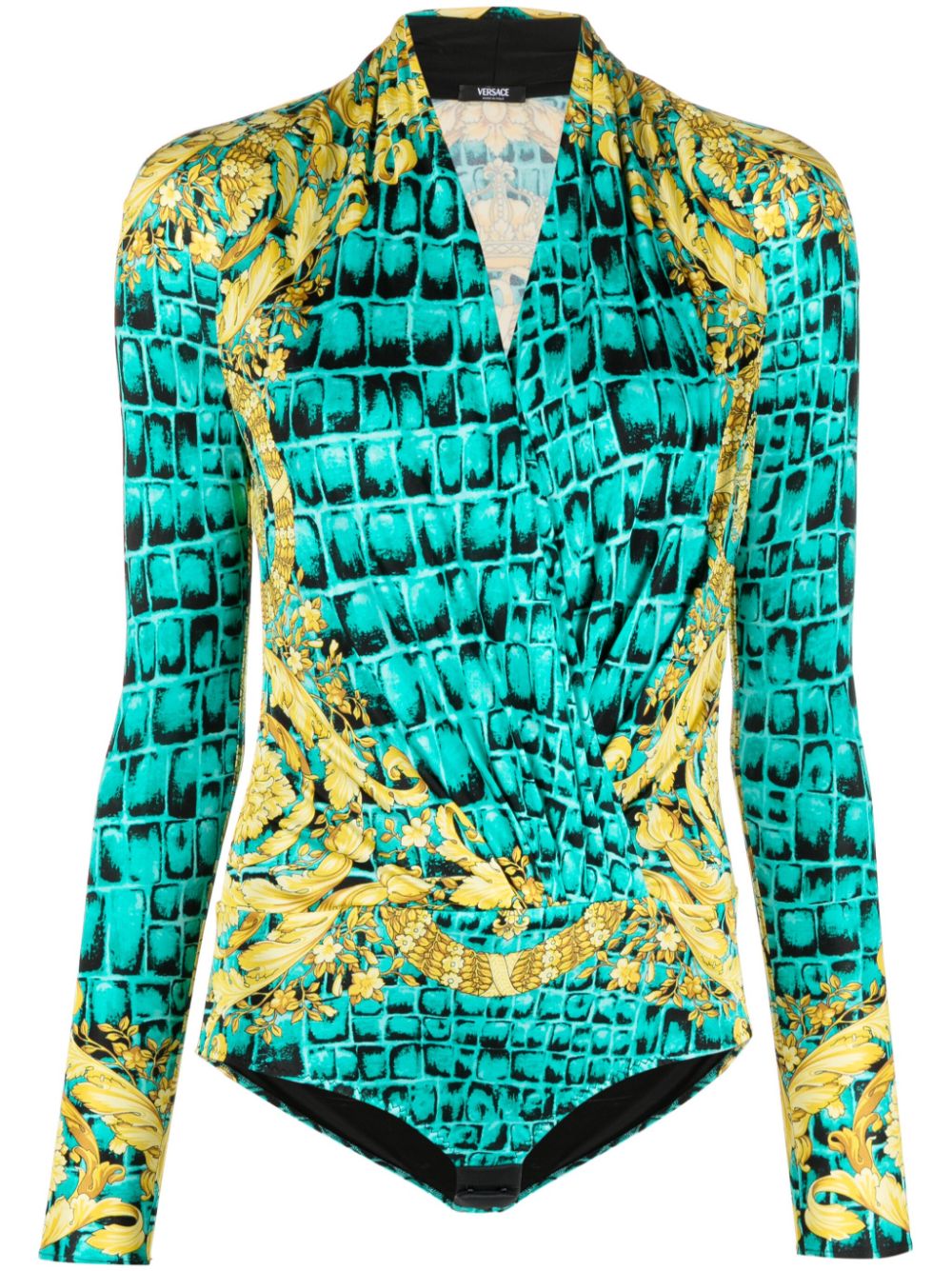 Baroccodile-print V-neck bodysuit - Green