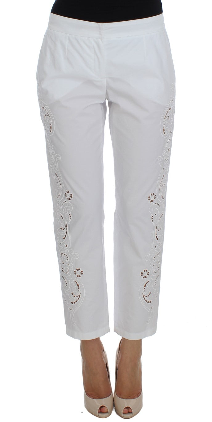Floral Cutout Cotton Trousers — White