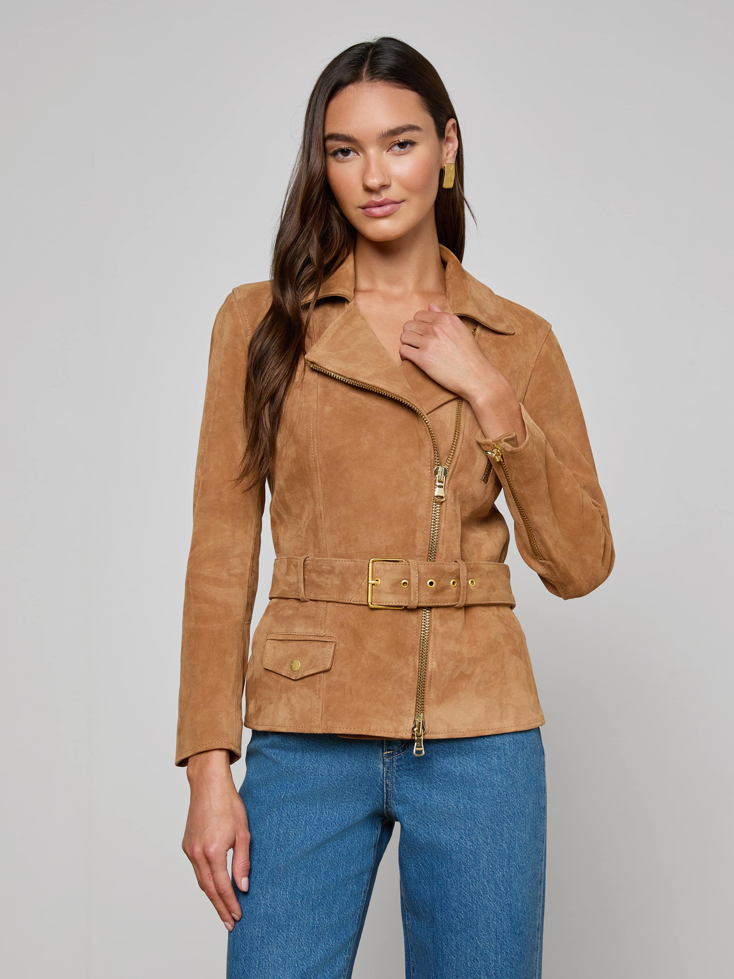 Dinah Suede Biker Jacket In Dark Chai Latte