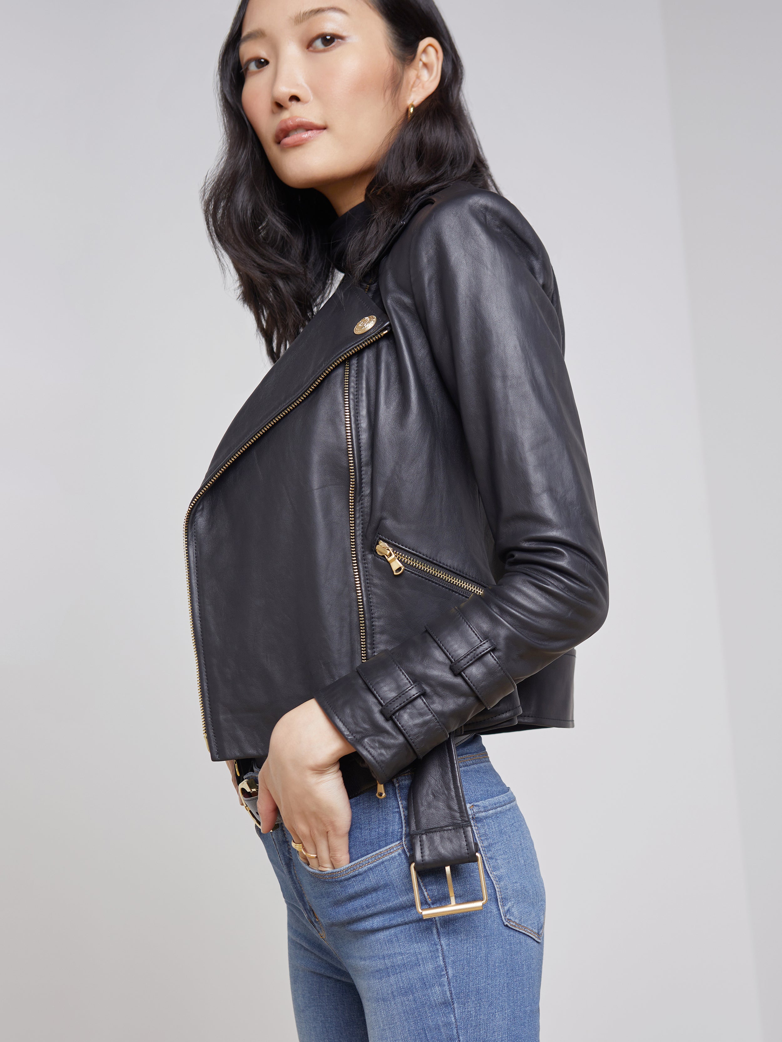 Billie Belted Leather Jacket In Black