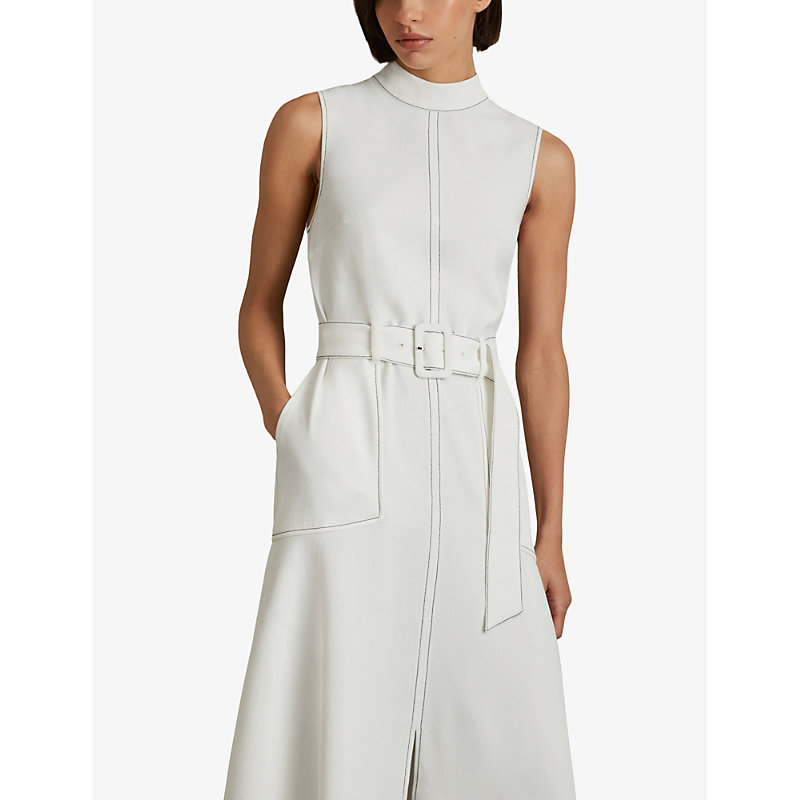Womens Ivory Thora High-neck Belted-waist Crepe Midi Dress