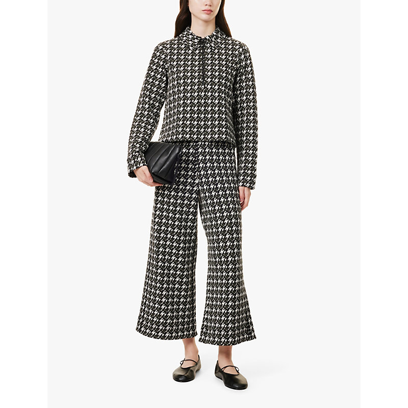 Womens Black/deep Autumn Ol Houndstooth Wide-leg Cropped Woven Trousers