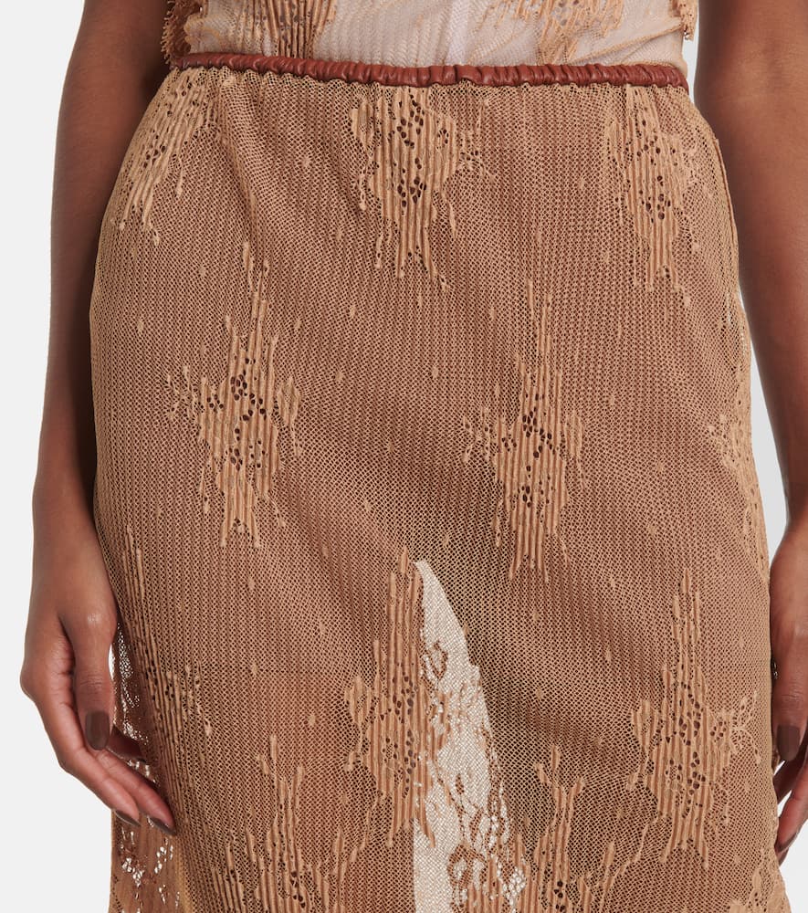 Layered leather-trimmed lace midi skirt
